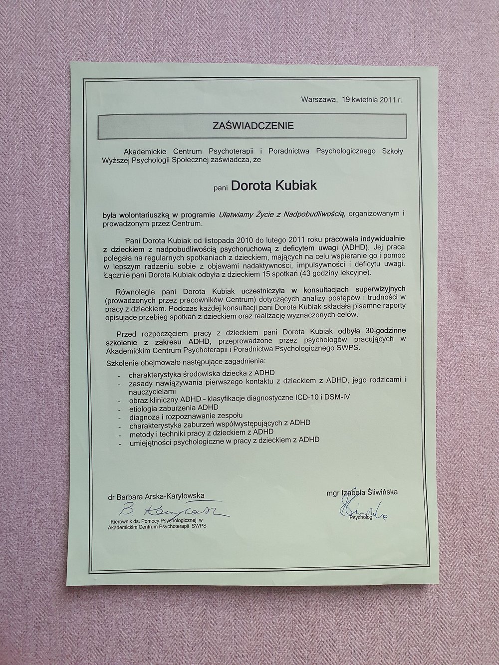 ADHD — wolontariat i szkolenie (SWPS)
